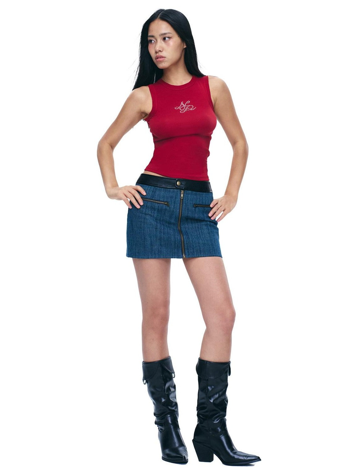 NextPassport MOF Blue Denim Contrast Black Leather Waist Zipper Women's Cotton Blend Mini Skirts