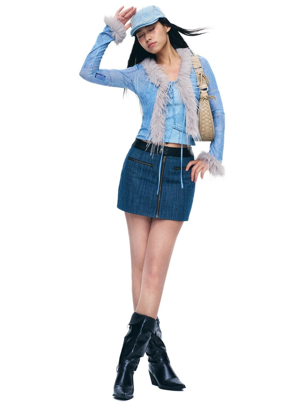 NextPassport MOF Blue Denim Contrast Black Leather Waist Zipper Women's Cotton Blend Mini Skirts