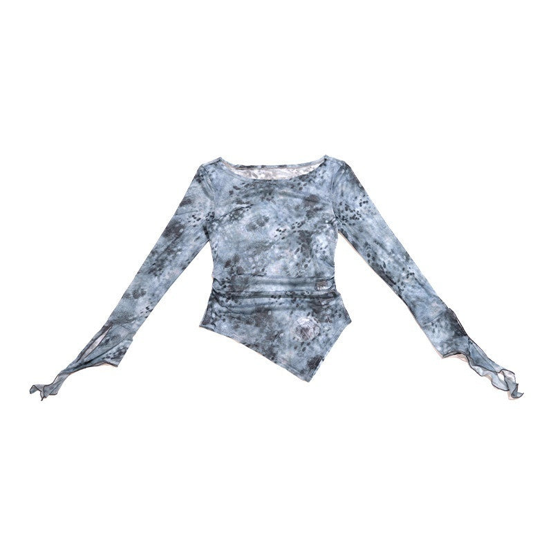 NextPassport_MOF_Blue_Gray_Sheer_Mesh_Printed_Split_Hem_Slim_Fit_Women's_Long_Sleeve_T-shirts_894834127055_MISSTT