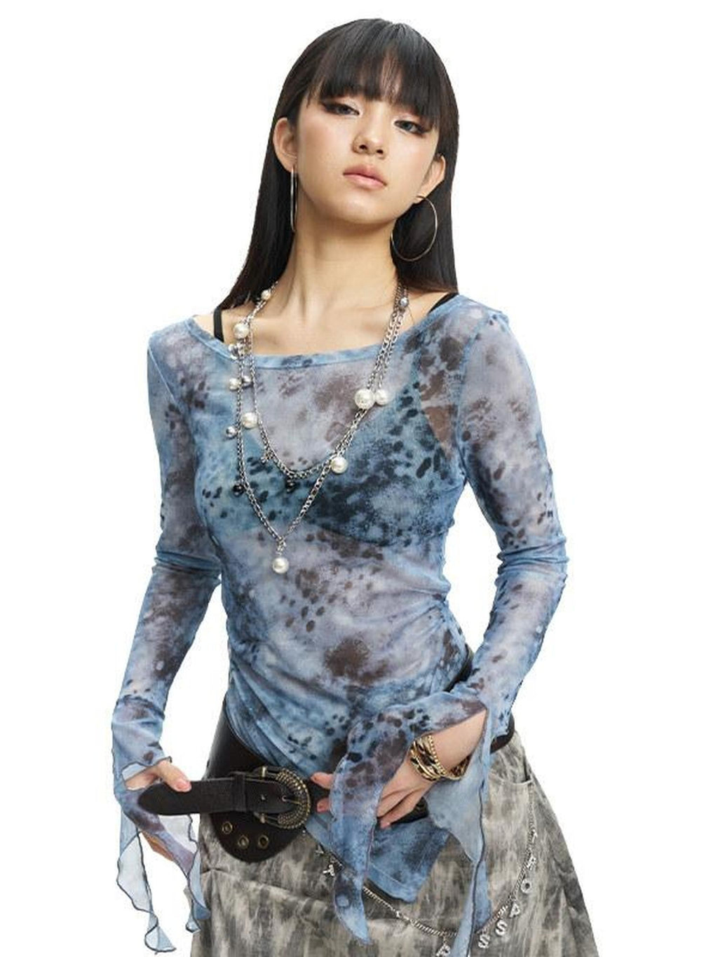 NextPassport MOF Blue Gray Sheer Mesh Printed Split Hem Slim Fit Women's Long Sleeve T-shirts