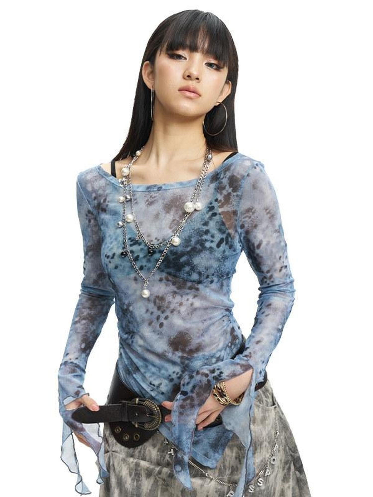 NextPassport MOF Blue Gray Sheer Mesh Printed Split Hem Slim Fit Women's Long Sleeve T-shirts
