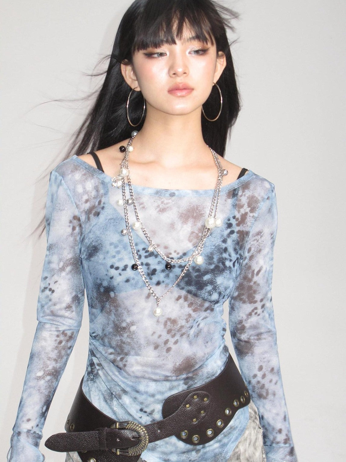 NextPassport MOF Blue Gray Sheer Mesh Printed Split Hem Slim Fit Women's Long Sleeve T-shirts