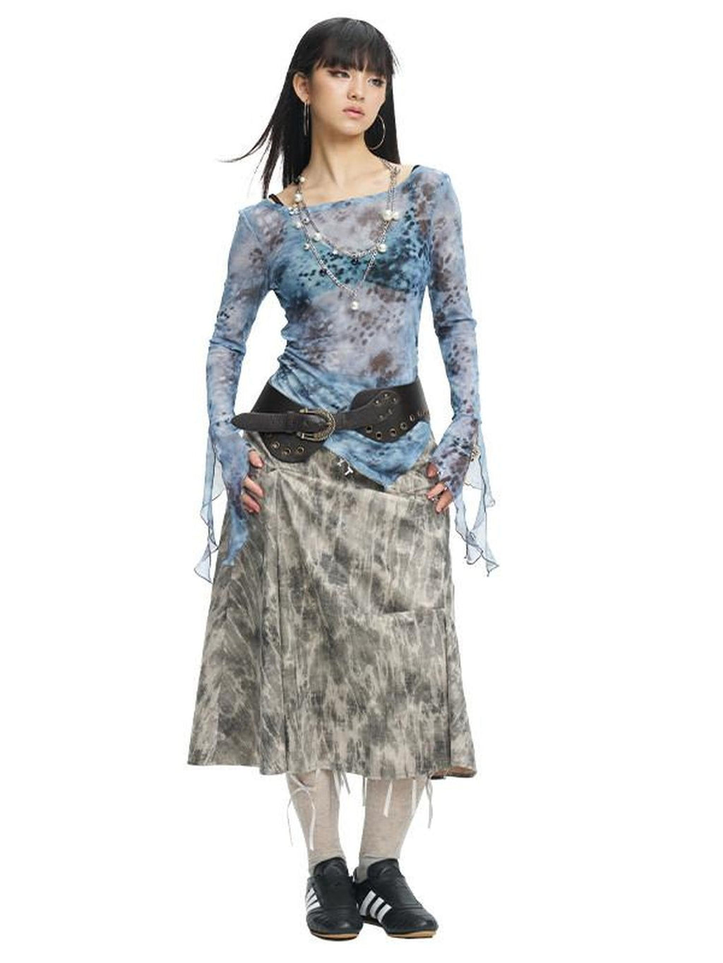 NextPassport MOF Blue Gray Sheer Mesh Printed Split Hem Slim Fit Women's Long Sleeve T-shirts