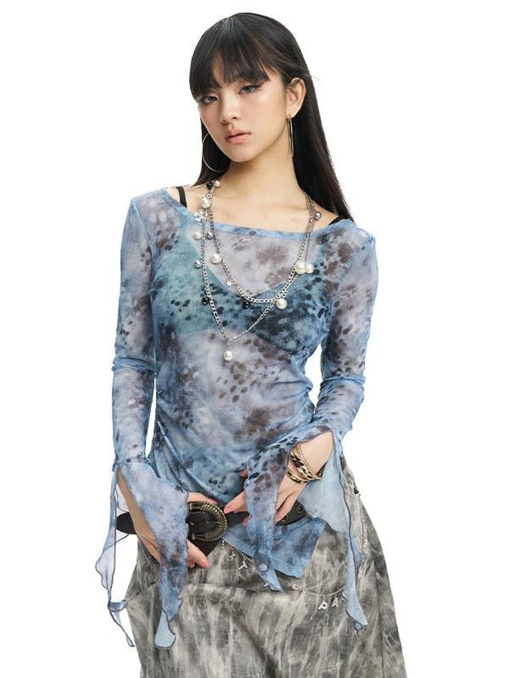 NextPassport MOF Blue Gray Sheer Mesh Printed Split Hem Slim Fit Women's Long Sleeve T-shirts