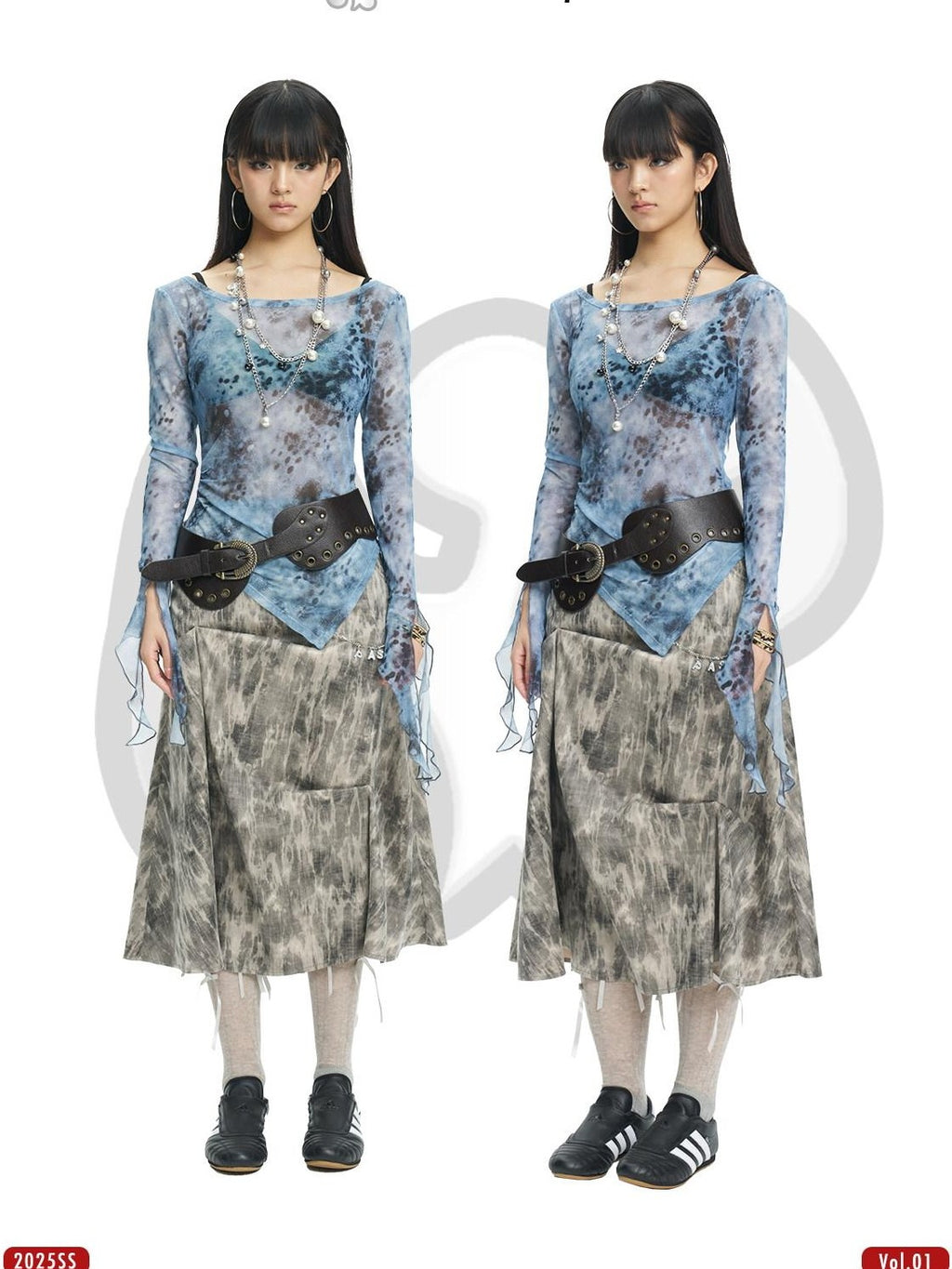 NextPassport MOF Blue Gray Sheer Mesh Printed Split Hem Slim Fit Women's Long Sleeve T-shirts