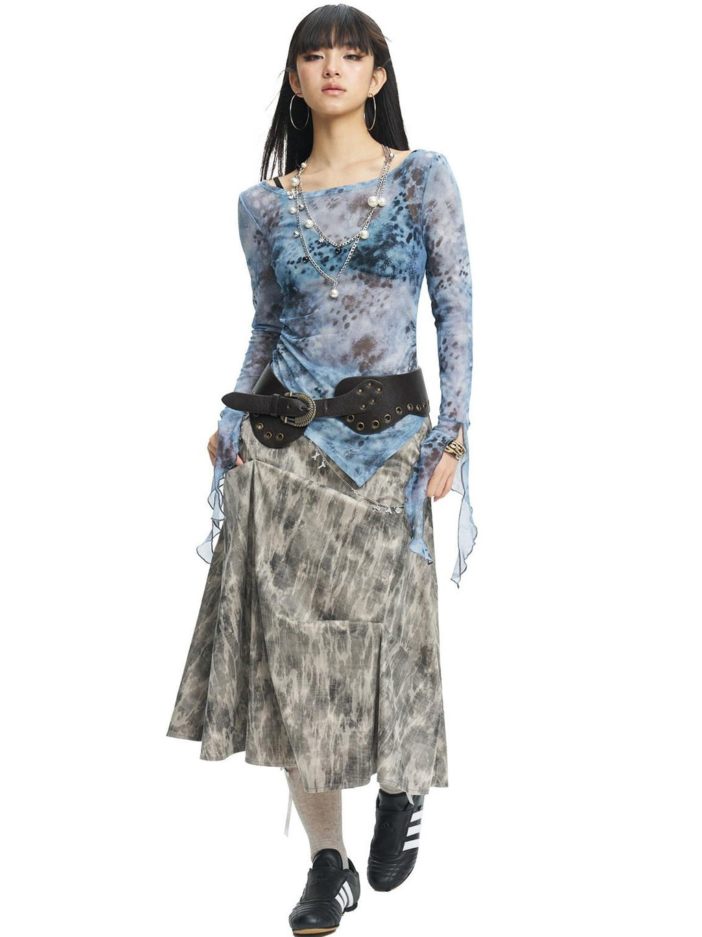 NextPassport MOF Blue Gray Sheer Mesh Printed Split Hem Slim Fit Women's Long Sleeve T-shirts