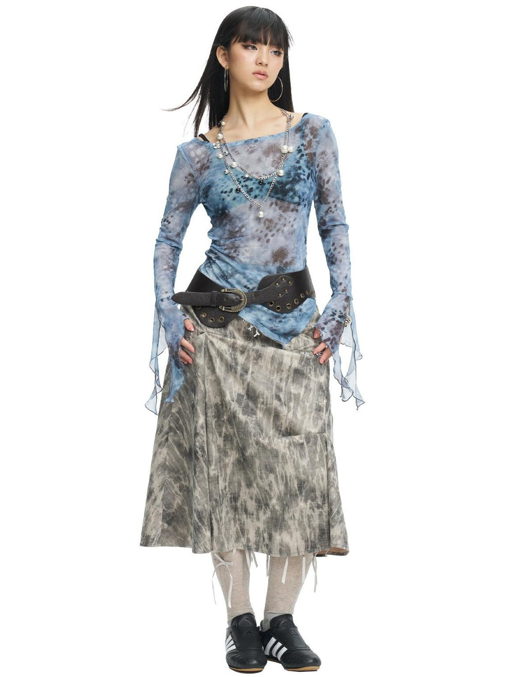 NextPassport MOF Blue Gray Sheer Mesh Printed Split Hem Slim Fit Women's Long Sleeve T-shirts