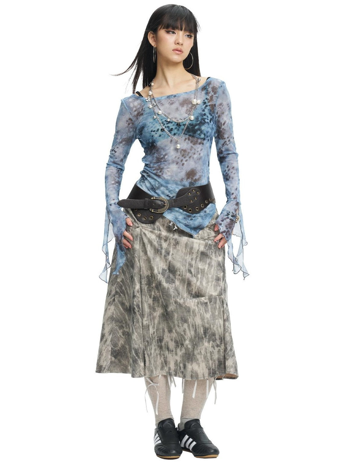 NextPassport MOF Blue Gray Sheer Mesh Printed Split Hem Slim Fit Women's Long Sleeve T-shirts