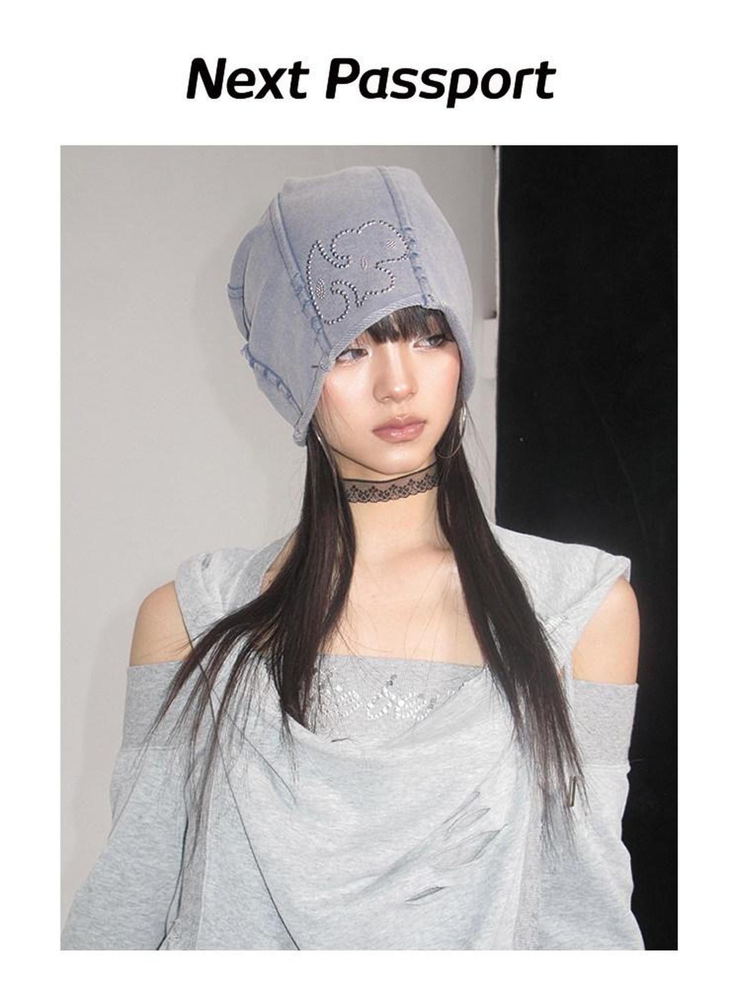 NextPassport MOF Blue Gray Vintage Washed Distressed Rhinestone Cartoon Women's Knit Beanies