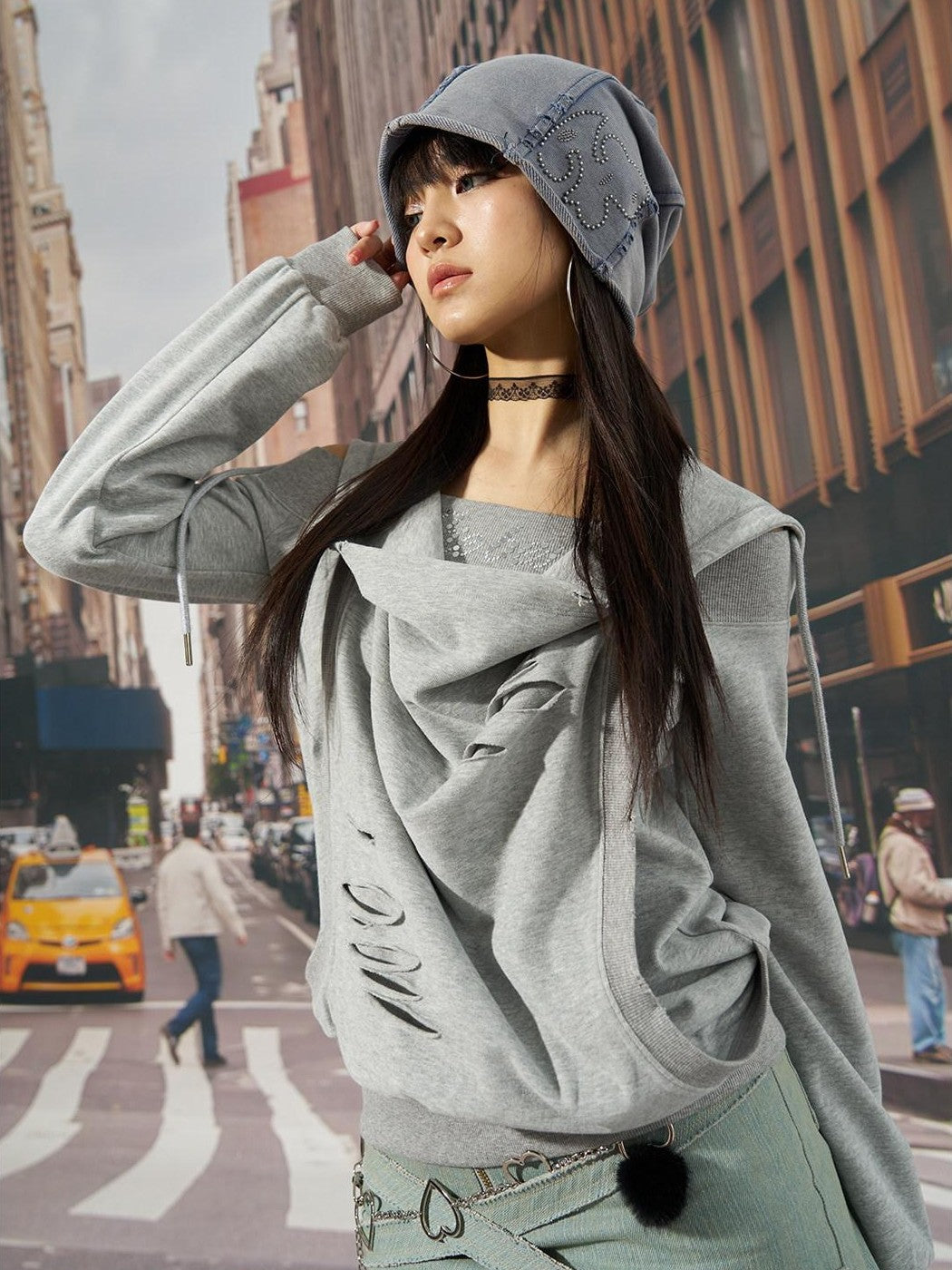 NextPassport MOF Blue Gray Vintage Washed Distressed Rhinestone Cartoon Women's Knit Beanies