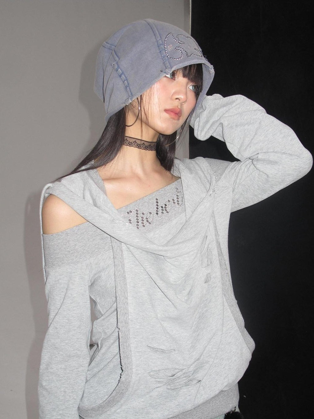 NextPassport MOF Blue Gray Vintage Washed Distressed Rhinestone Cartoon Women's Knit Beanies