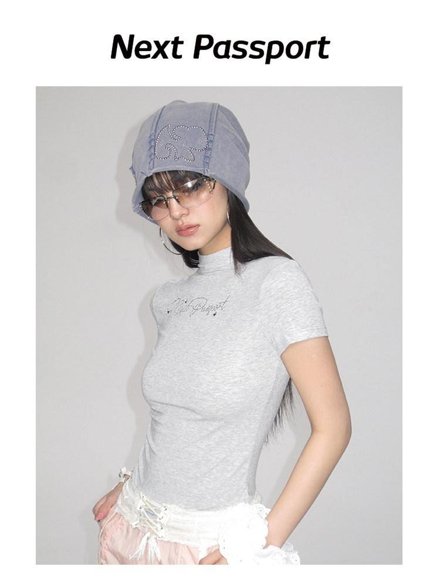 NextPassport MOF Blue Gray Vintage Washed Distressed Rhinestone Cartoon Women's Knit Beanies