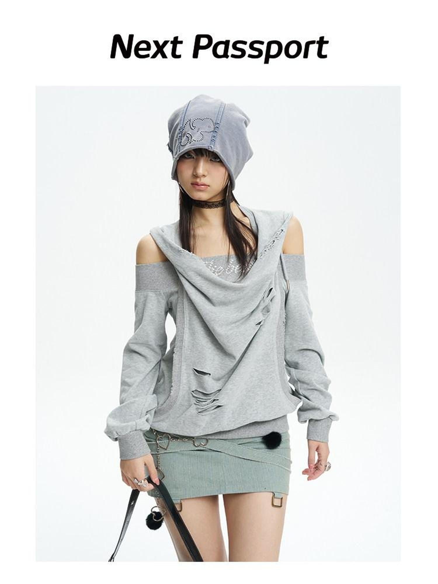 NextPassport MOF Blue Gray Vintage Washed Distressed Rhinestone Cartoon Women's Knit Beanies