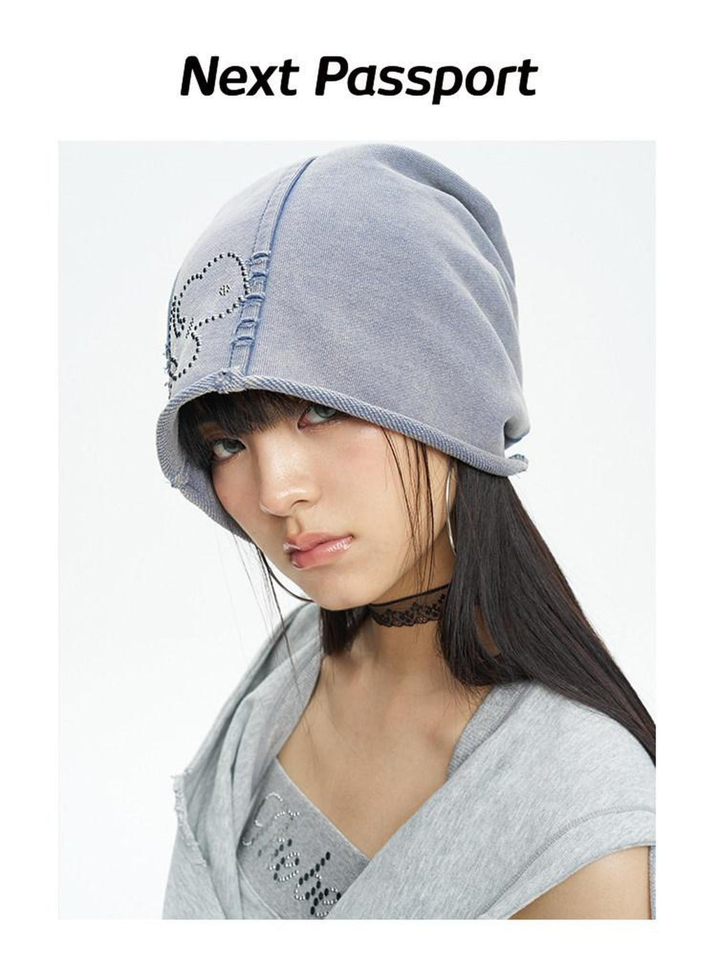 NextPassport MOF Blue Gray Vintage Washed Distressed Rhinestone Cartoon Women's Knit Beanies