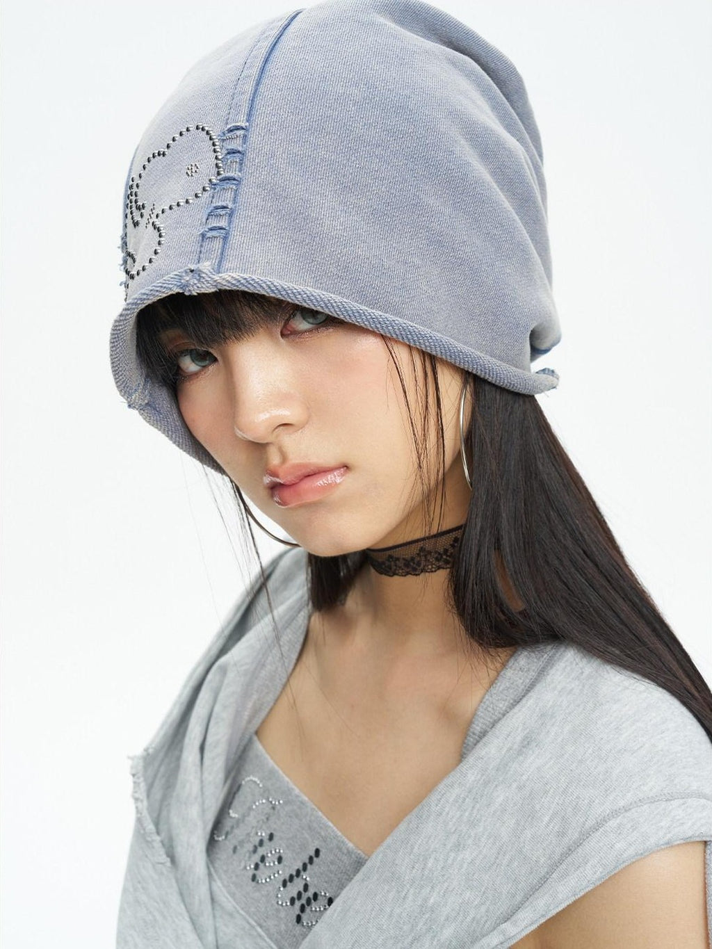 NextPassport MOF Blue Gray Vintage Washed Distressed Rhinestone Cartoon Women's Knit Beanies