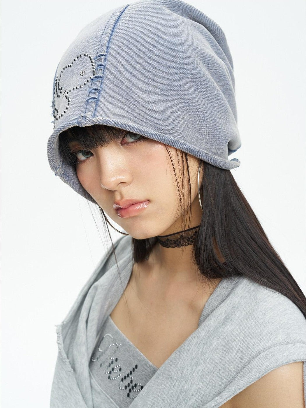 NextPassport MOF Blue Gray Vintage Washed Distressed Rhinestone Cartoon Women's Knit Beanies