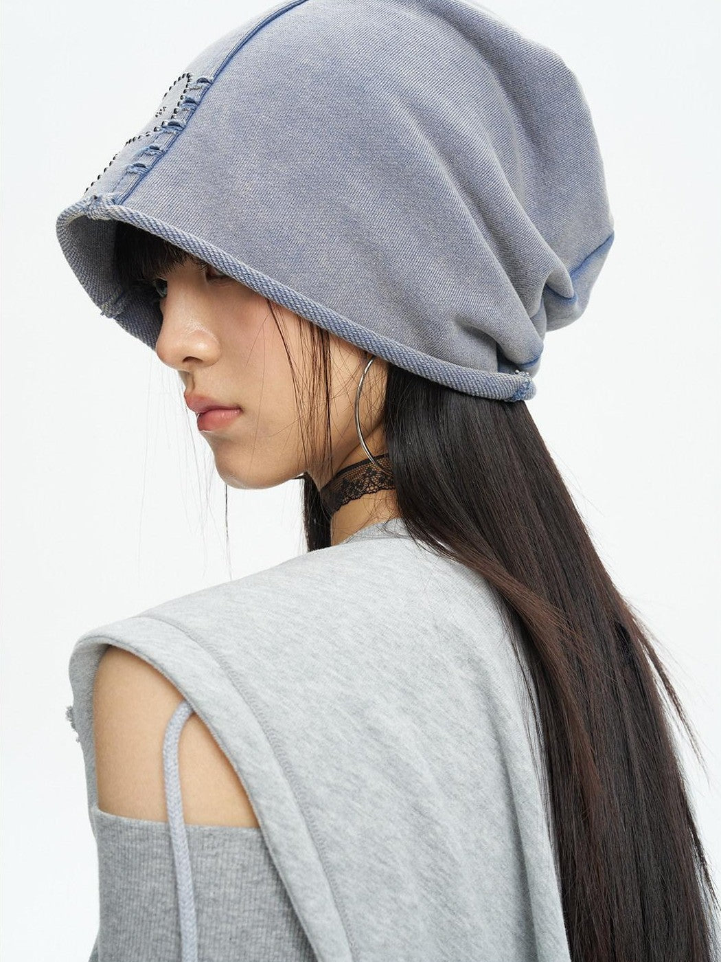 NextPassport MOF Blue Gray Vintage Washed Distressed Rhinestone Cartoon Women's Knit Beanies