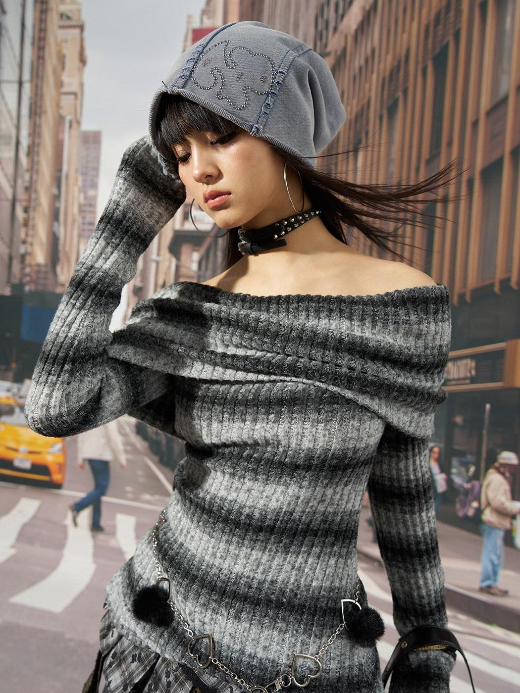 NextPassport MOF Blue Gray Vintage Washed Distressed Rhinestone Cartoon Women's Knit Beanies