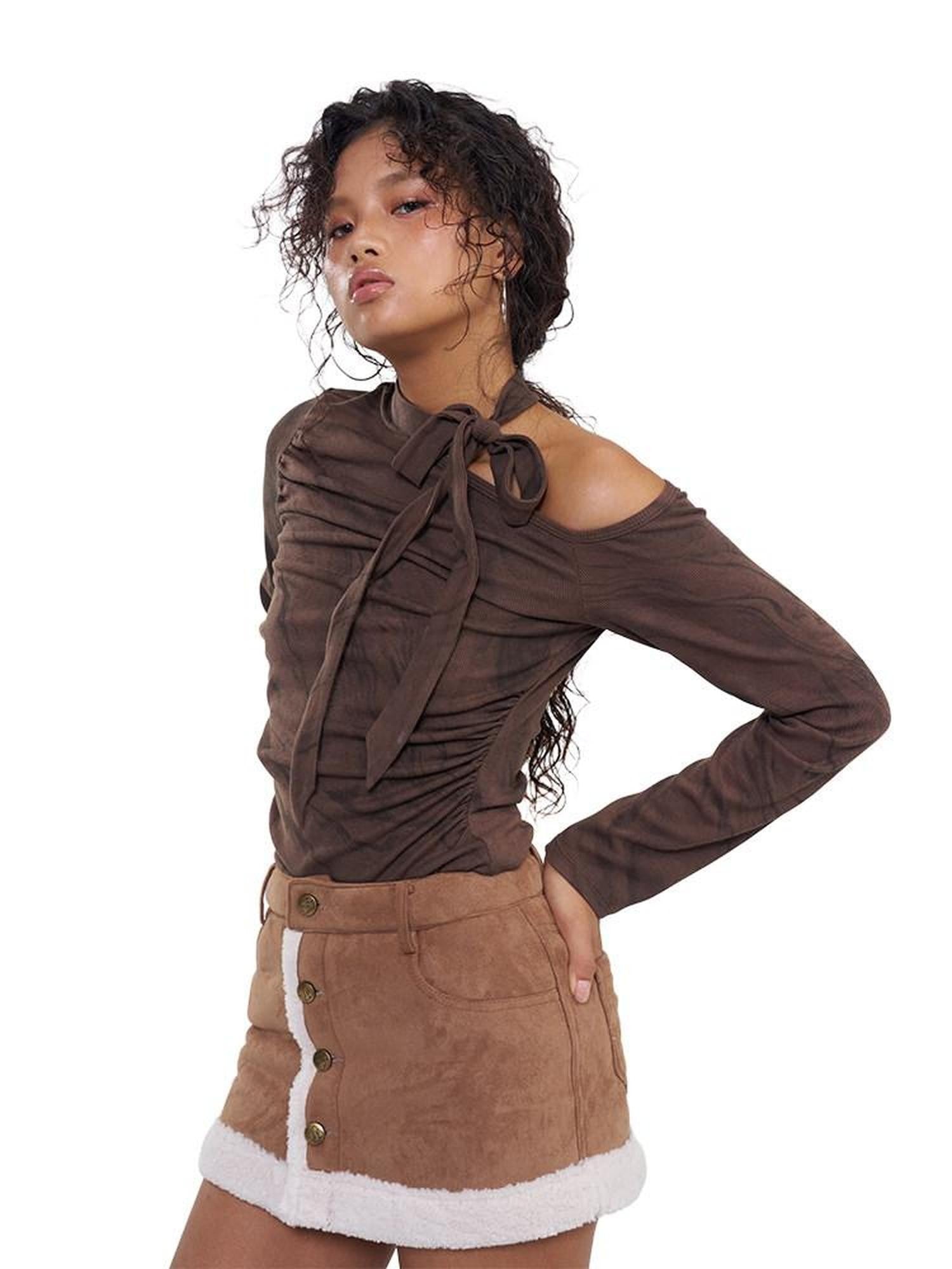 NextPassport MOF Brown Asymmetric One Shoulder Scarf Printed Women's Long Sleeve T-shirts