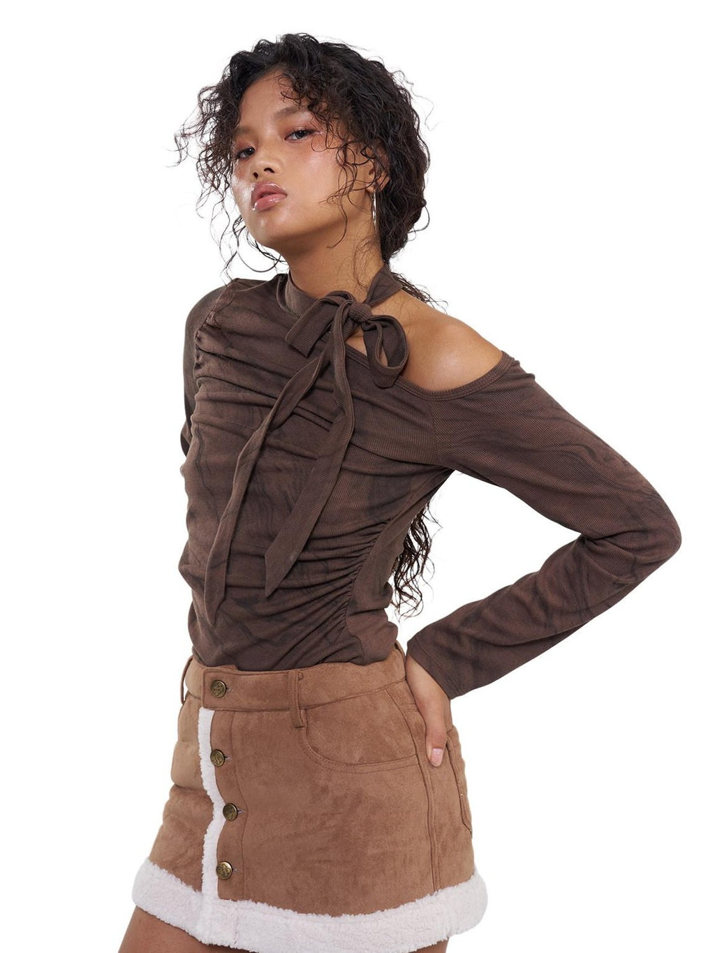 NextPassport MOF Brown Asymmetric One Shoulder Scarf Printed Women's Long Sleeve T-shirts