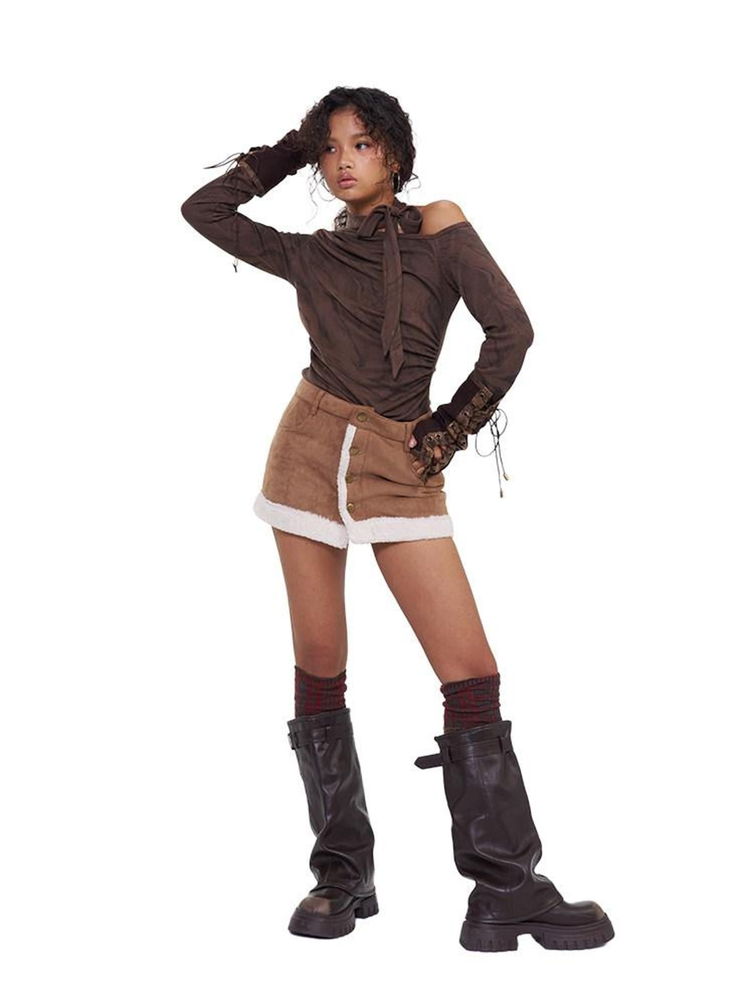 NextPassport MOF Brown Asymmetric One Shoulder Scarf Printed Women's Long Sleeve T-shirts