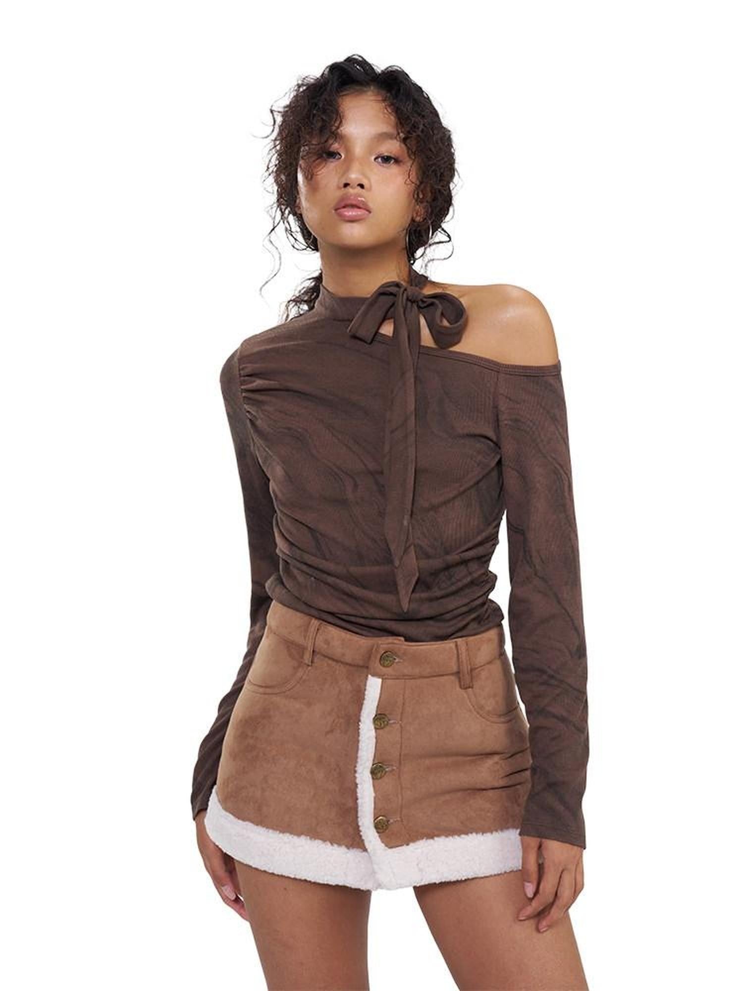 NextPassport MOF Brown Asymmetric One Shoulder Scarf Printed Women's Long Sleeve T-shirts