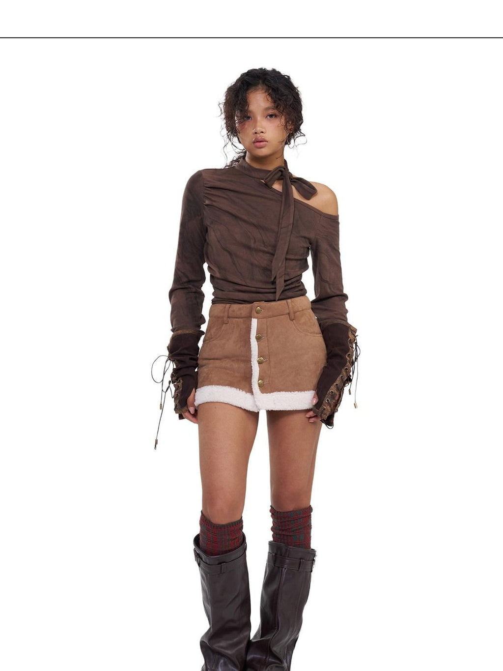 NextPassport MOF Brown Asymmetric One Shoulder Scarf Printed Women's Long Sleeve T-shirts