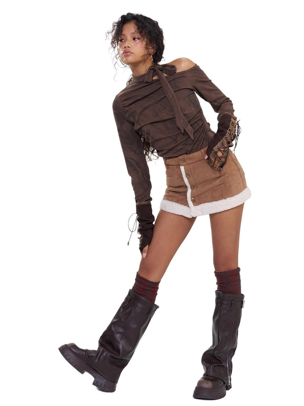 NextPassport MOF Brown Asymmetric One Shoulder Scarf Printed Women's Long Sleeve T-shirts