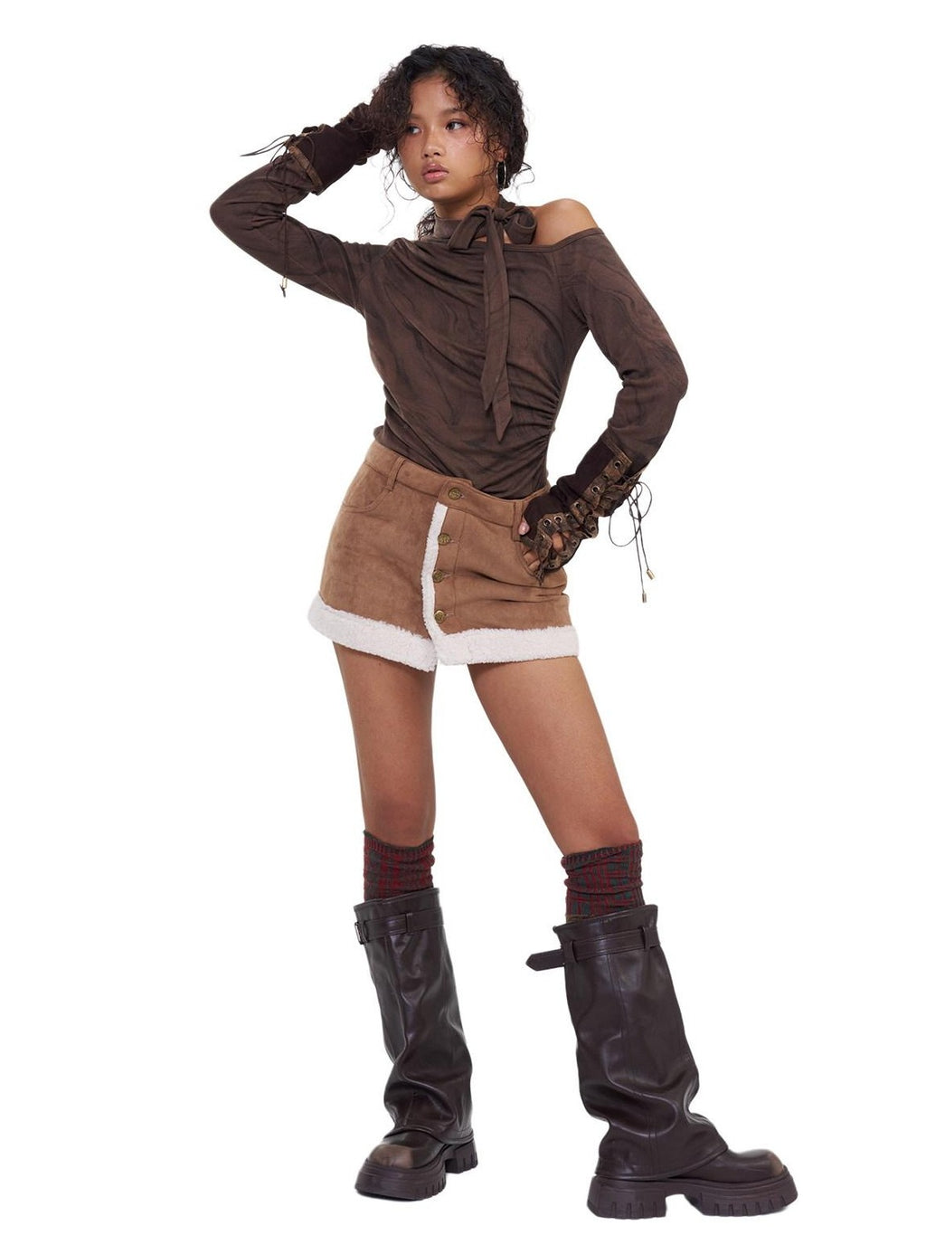 NextPassport MOF Brown Asymmetric One Shoulder Scarf Printed Women's Long Sleeve T-shirts