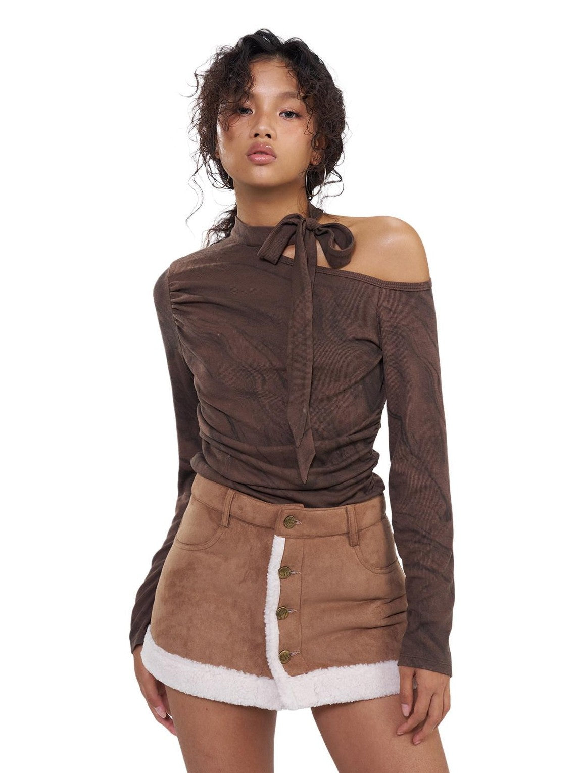 NextPassport MOF Brown Asymmetric One Shoulder Scarf Printed Women's Long Sleeve T-shirts