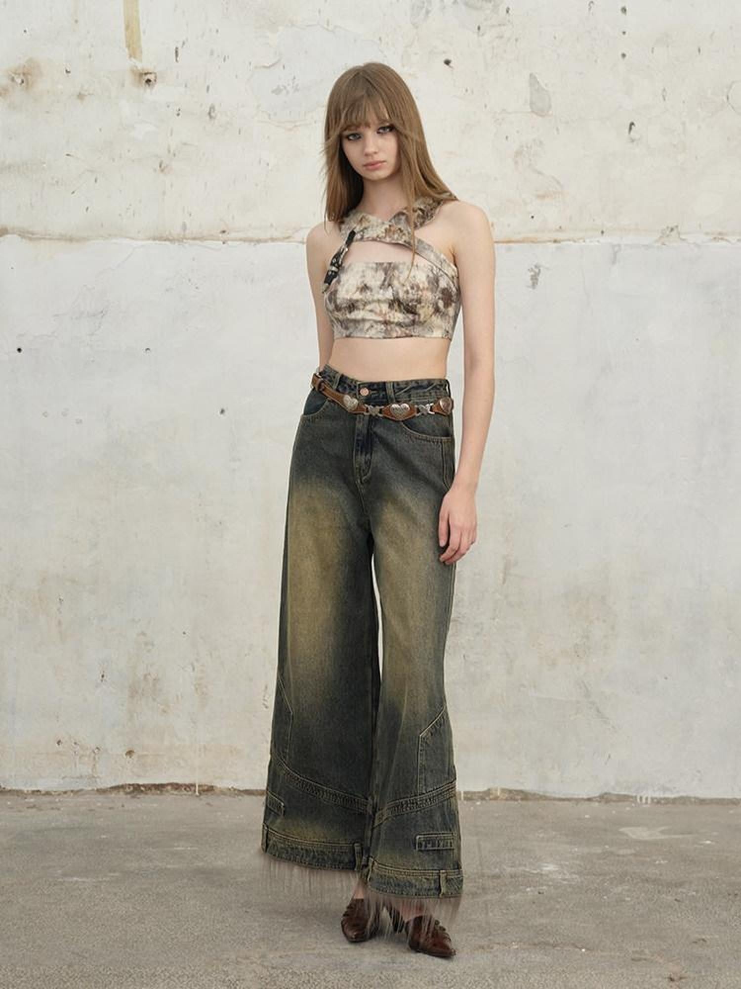 NextPassport MOF Brown Bark Texture Leather Button Asymmetric Cutout Cropped Women's Tank Tops