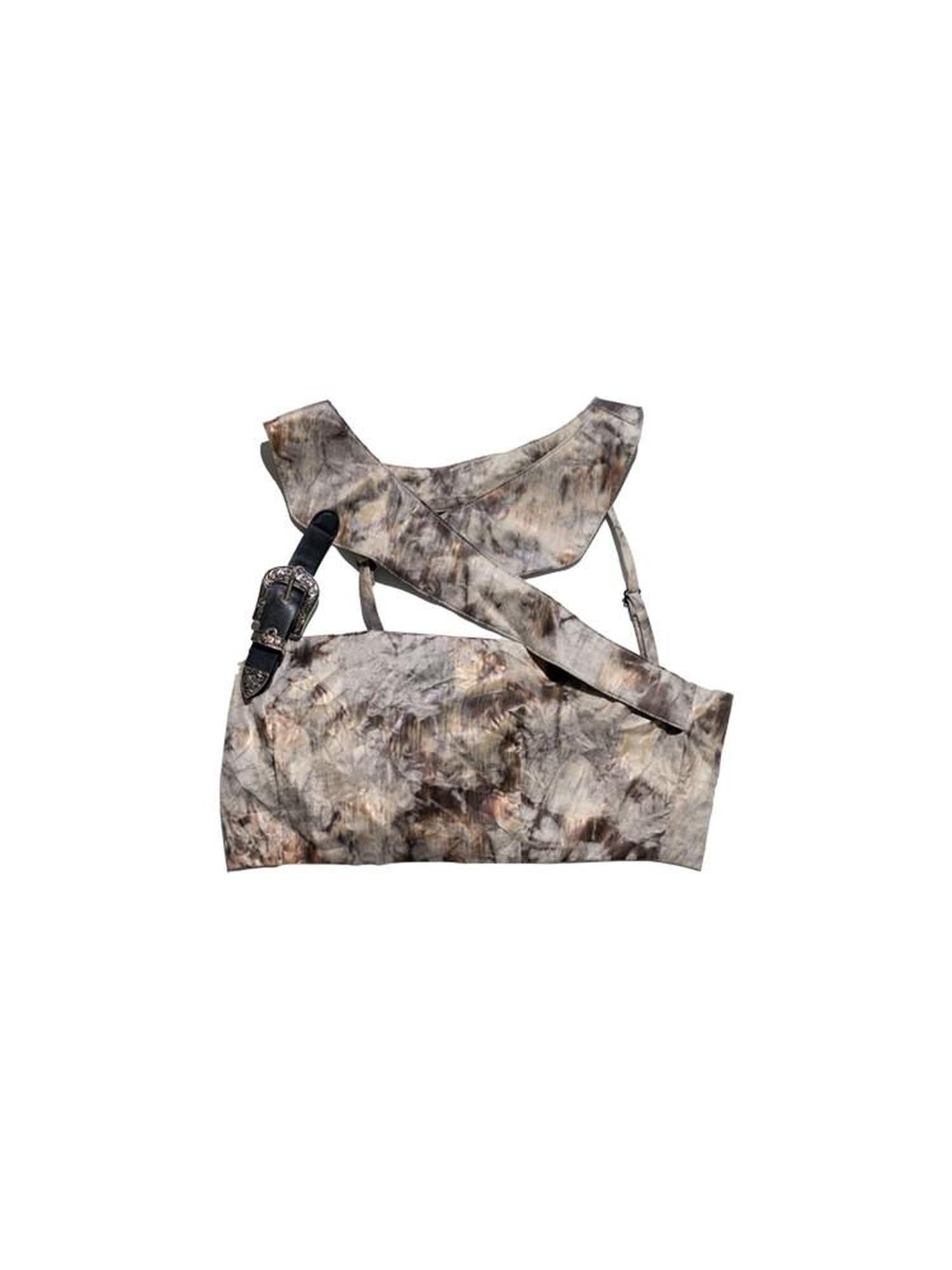 NextPassport MOF Brown Bark Texture Leather Button Asymmetric Cutout Cropped Women's Tank Tops