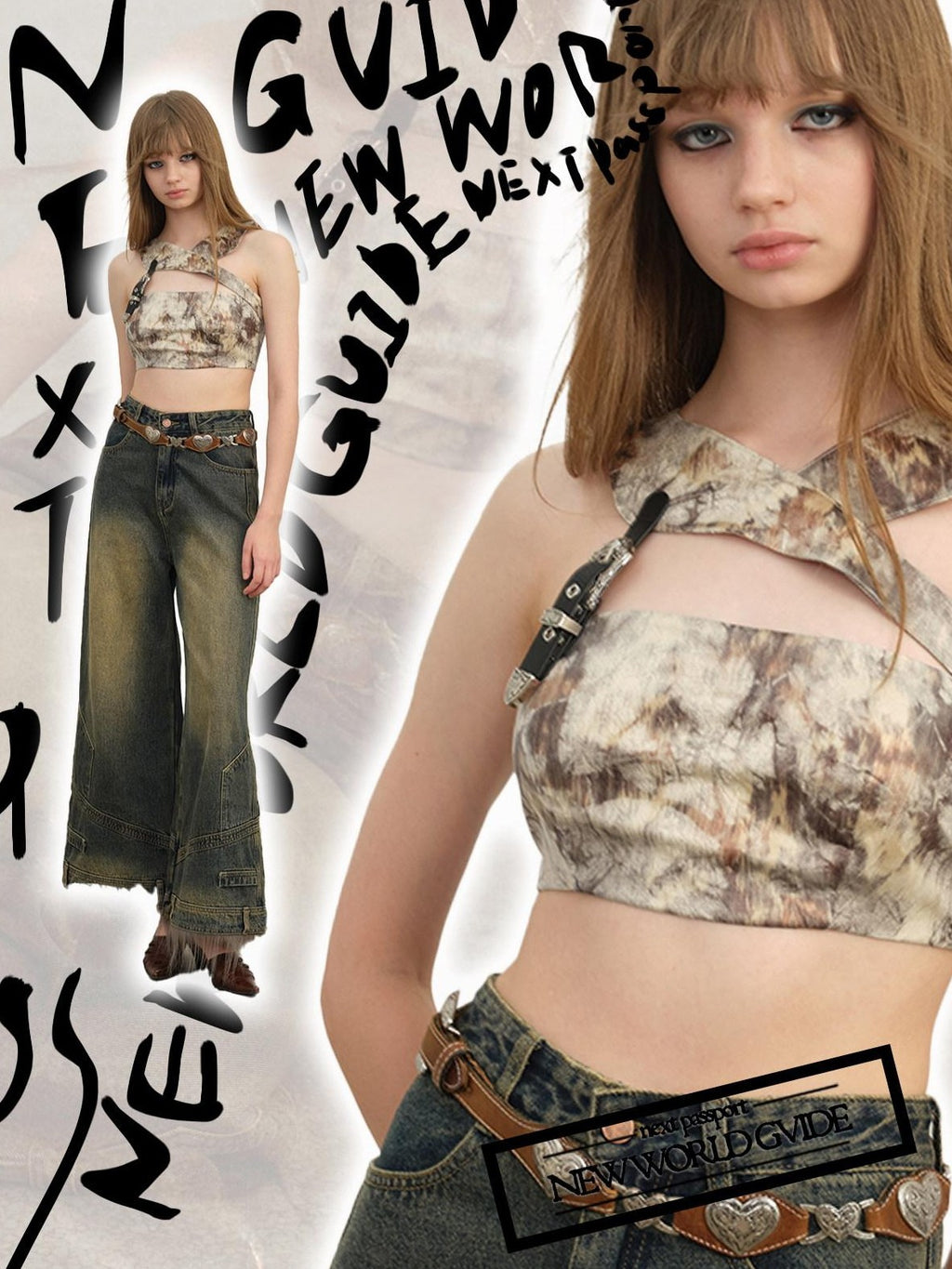 NextPassport MOF Brown Bark Texture Leather Button Asymmetric Cutout Cropped Women's Tank Tops