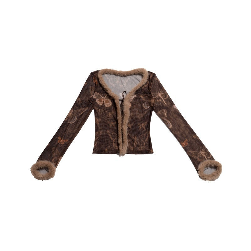NextPassport_MOF_Brown_Butterfly_Mesh_Eyelash_Trim_Tie_Waist_Women's_Polyester_Cardigans_767548144732_MISSTT