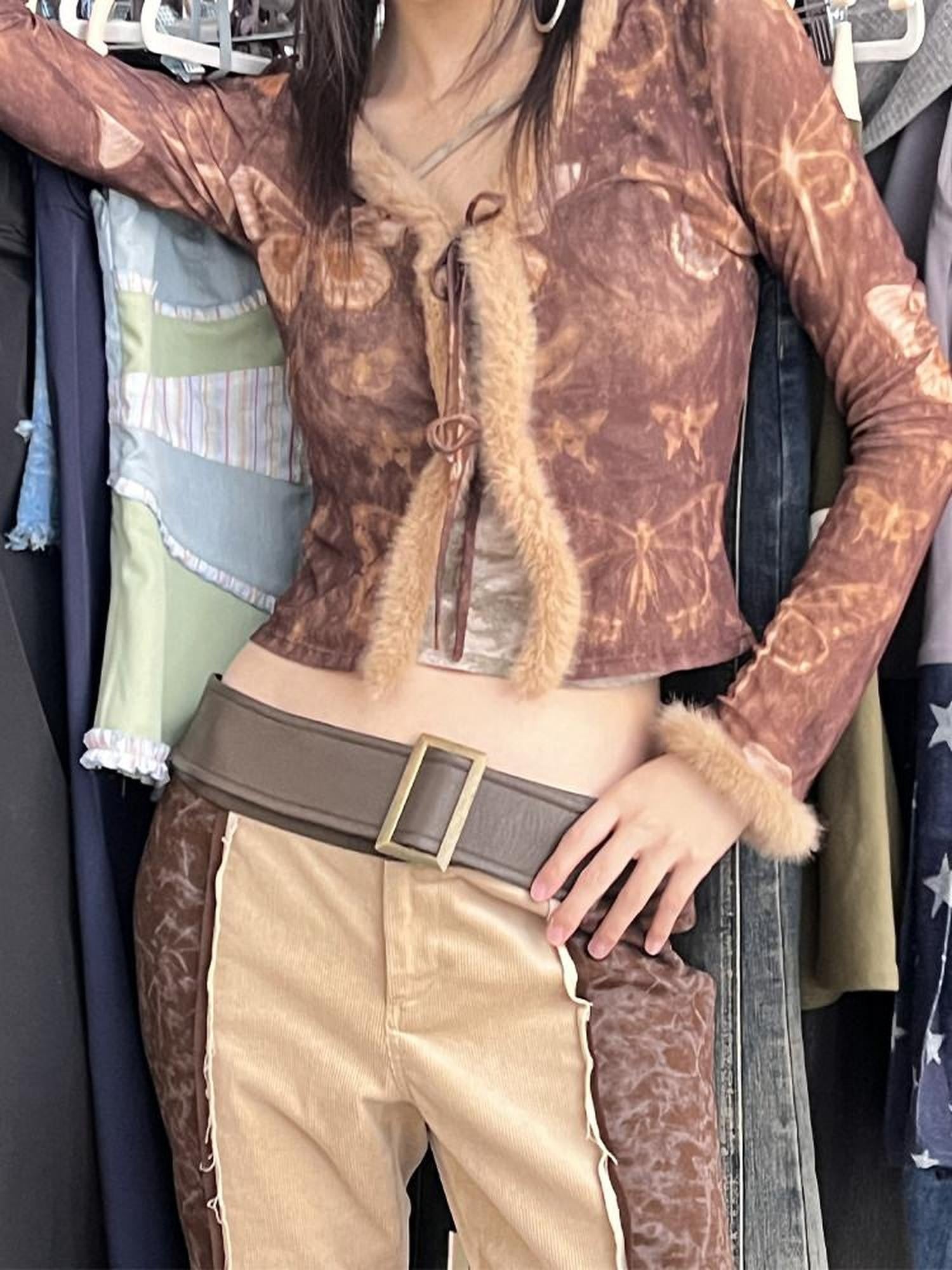 NextPassport MOF Brown Butterfly Mesh Eyelash Trim Tie Waist Women's Polyester Cardigans