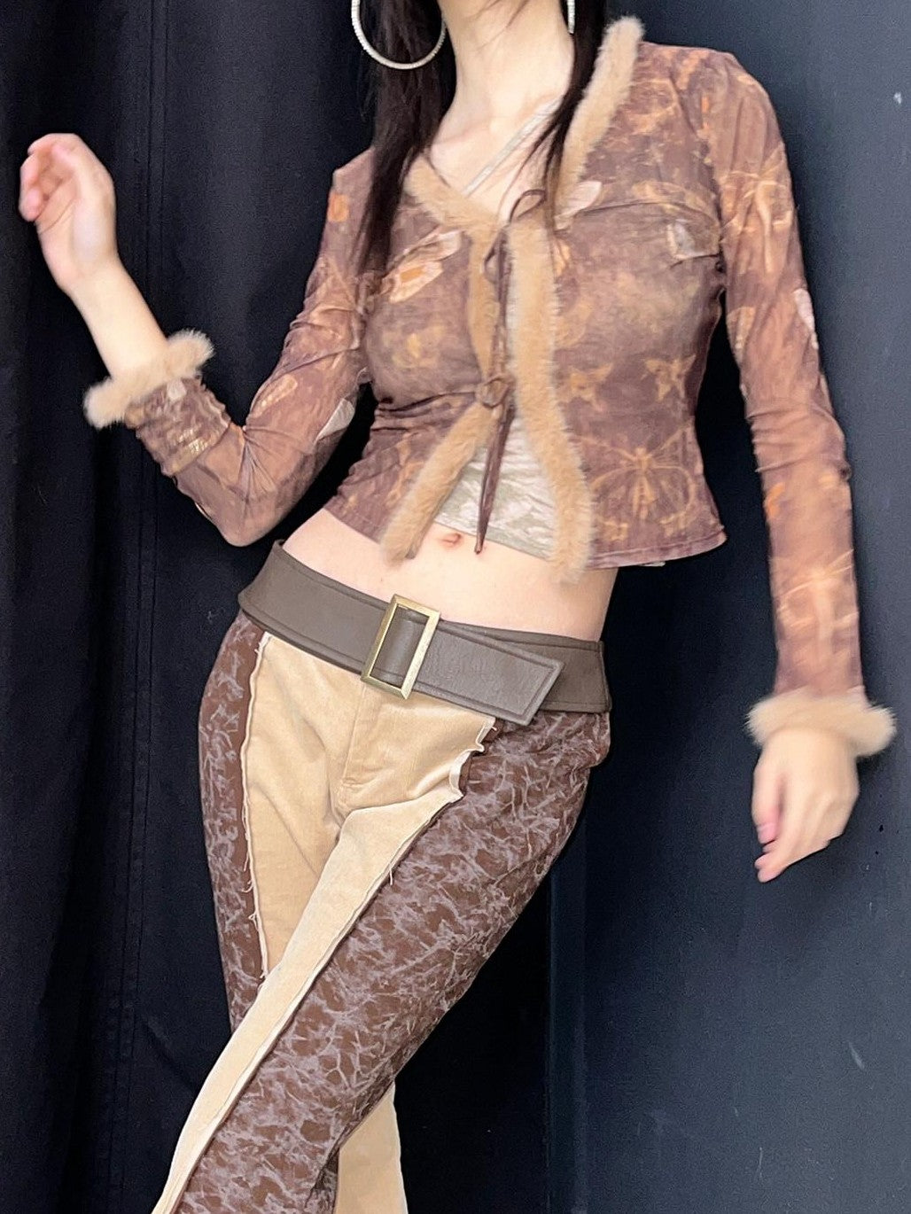 NextPassport MOF Brown Butterfly Mesh Eyelash Trim Tie Waist Women's Polyester Cardigans