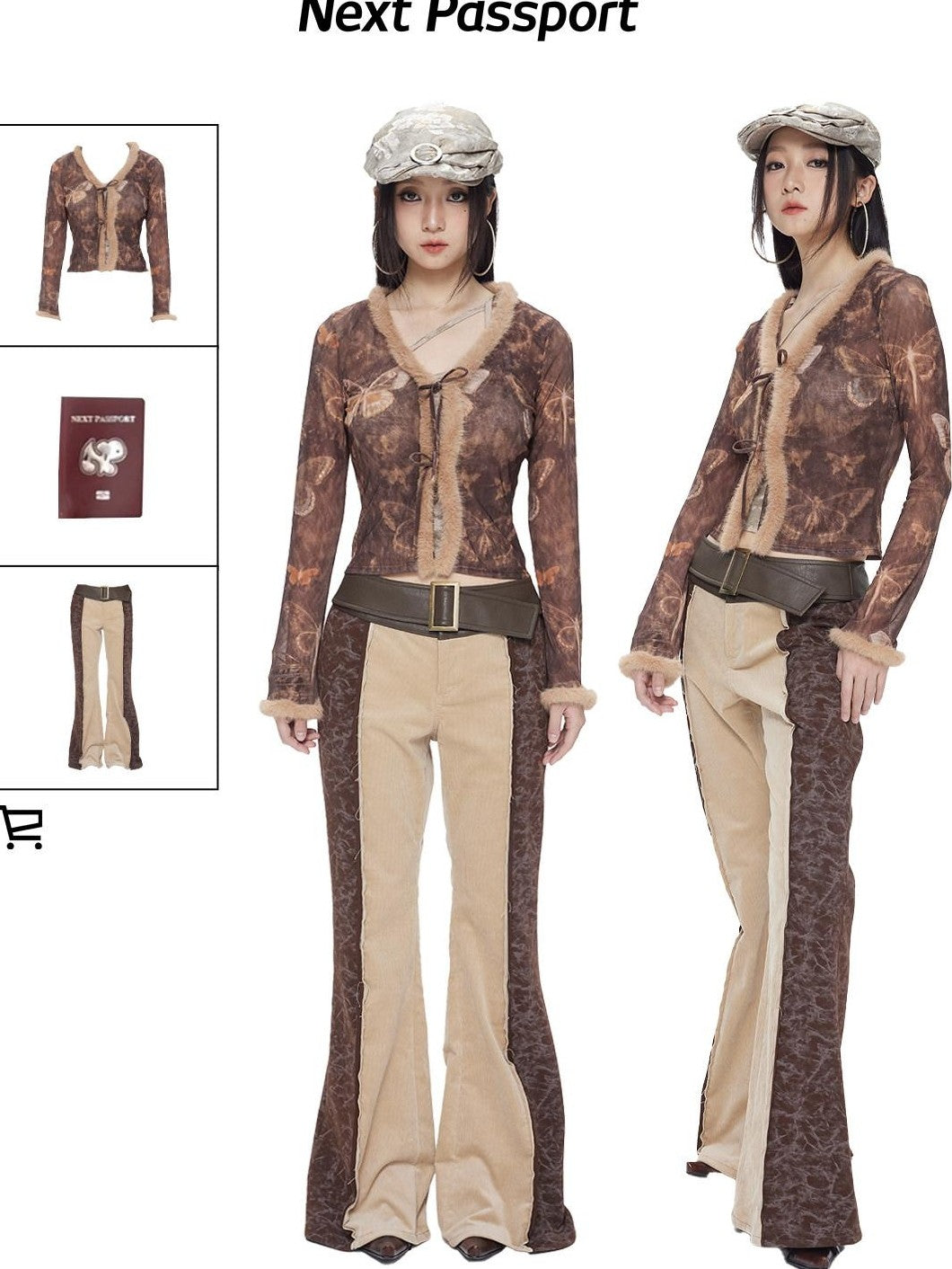 NextPassport MOF Brown Butterfly Mesh Eyelash Trim Tie Waist Women's Polyester Cardigans