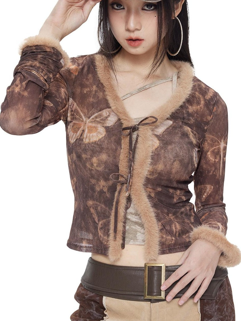 NextPassport MOF Brown Butterfly Mesh Eyelash Trim Tie Waist Women's Polyester Cardigans