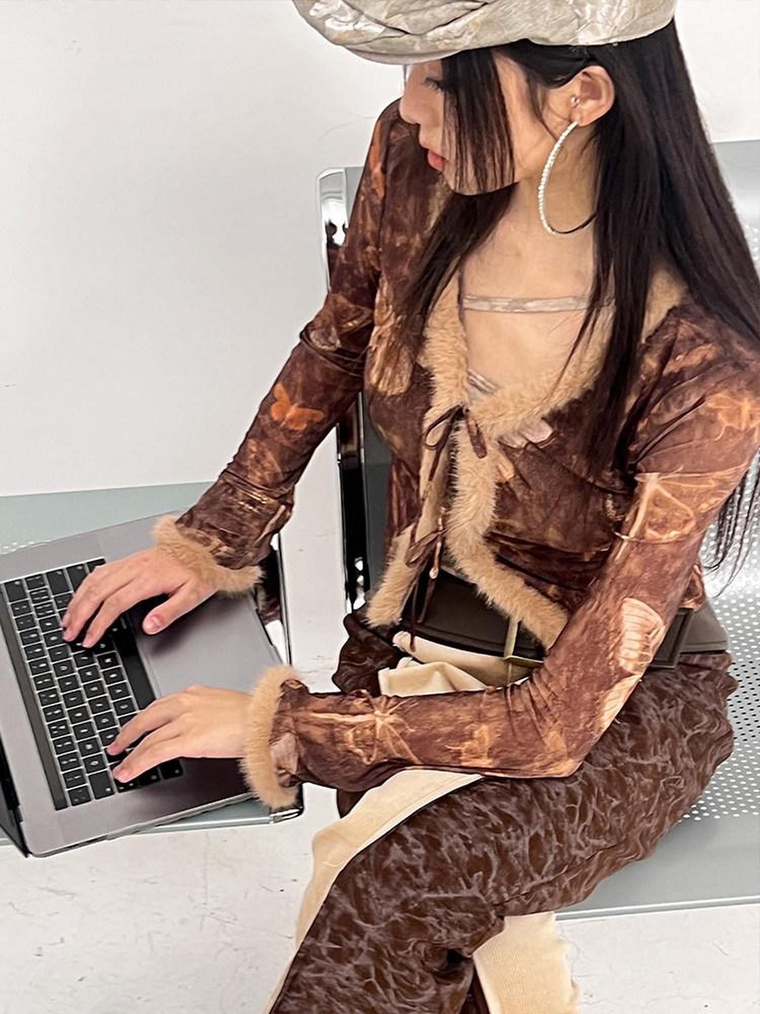 NextPassport MOF Brown Butterfly Mesh Eyelash Trim Tie Waist Women's Polyester Cardigans