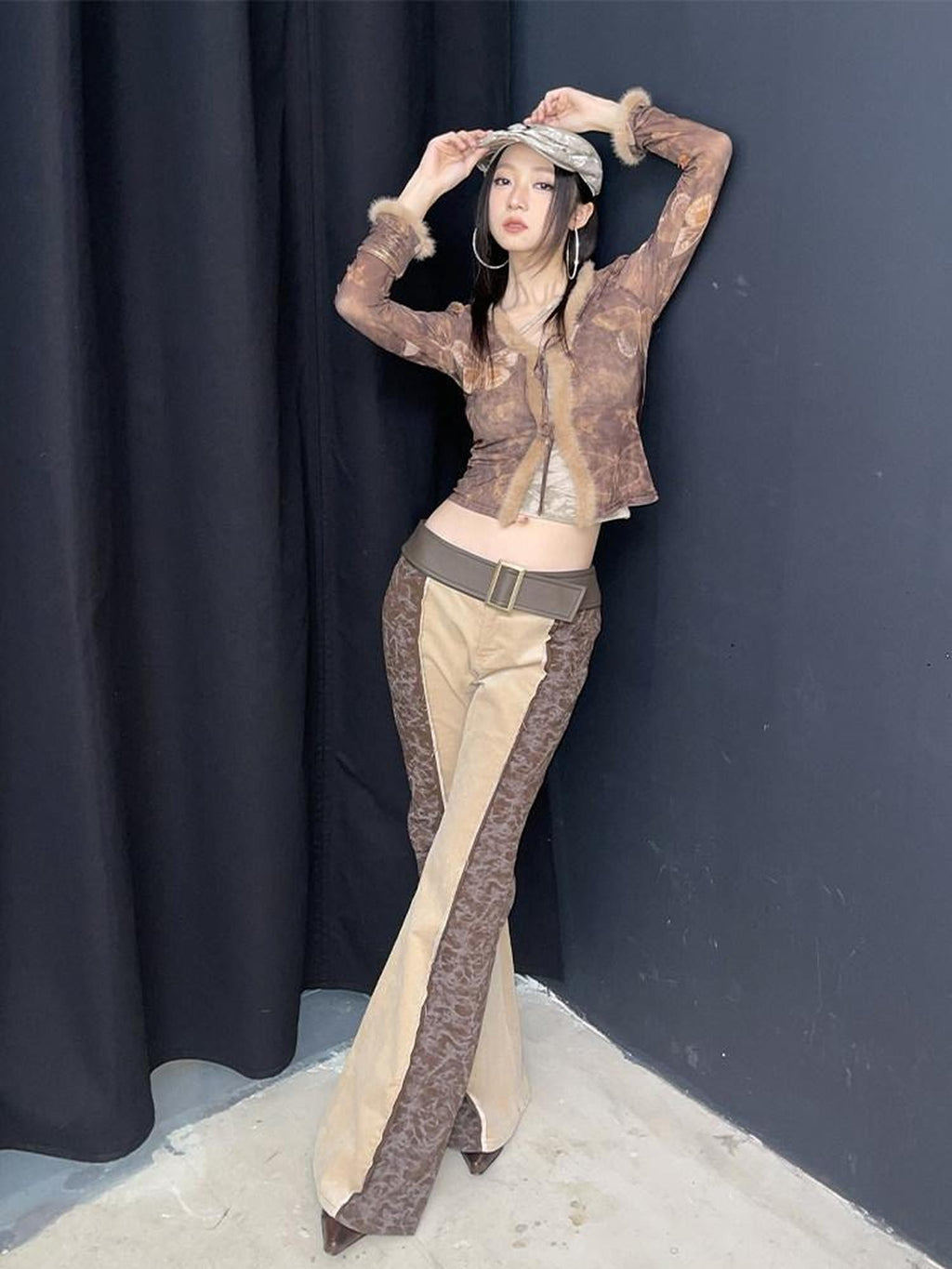 NextPassport MOF Brown Butterfly Mesh Eyelash Trim Tie Waist Women's Polyester Cardigans
