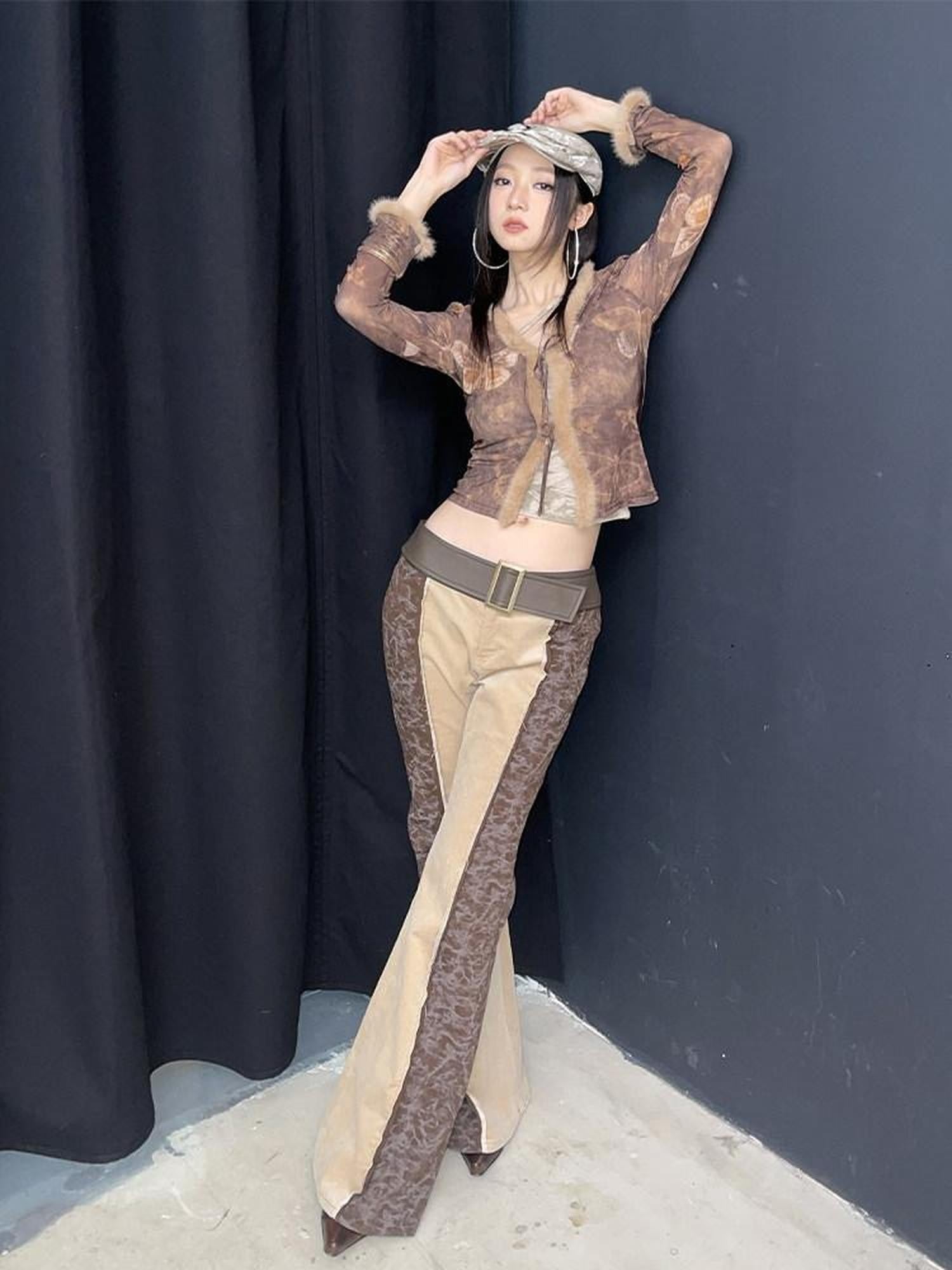 NextPassport MOF Brown Butterfly Mesh Eyelash Trim Tie Waist Women's Polyester Cardigans