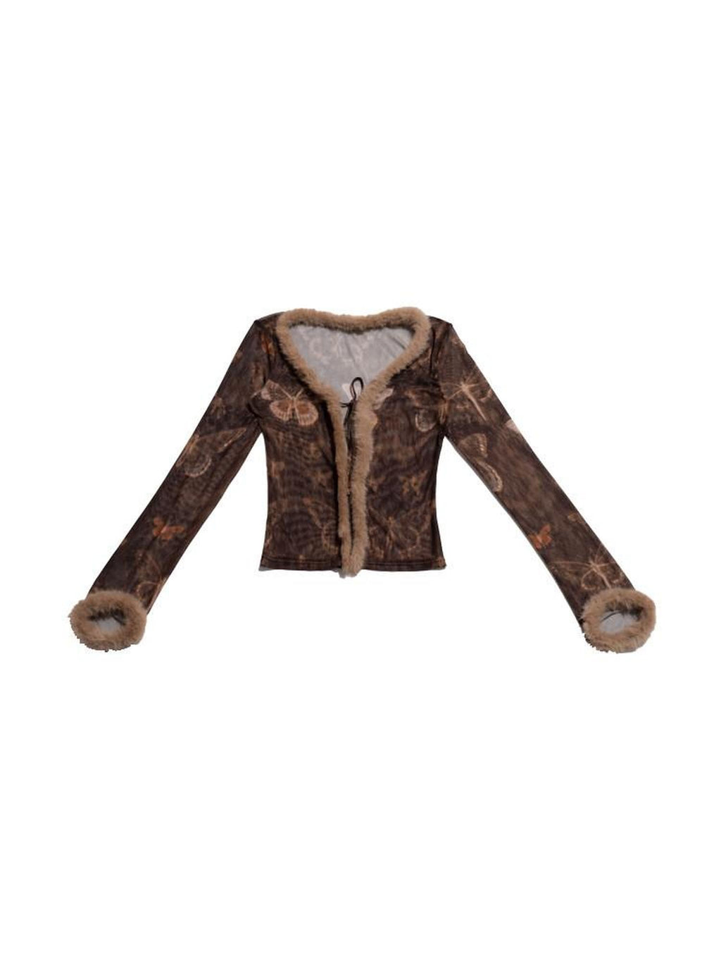 NextPassport MOF Brown Butterfly Mesh Eyelash Trim Tie Waist Women's Polyester Cardigans