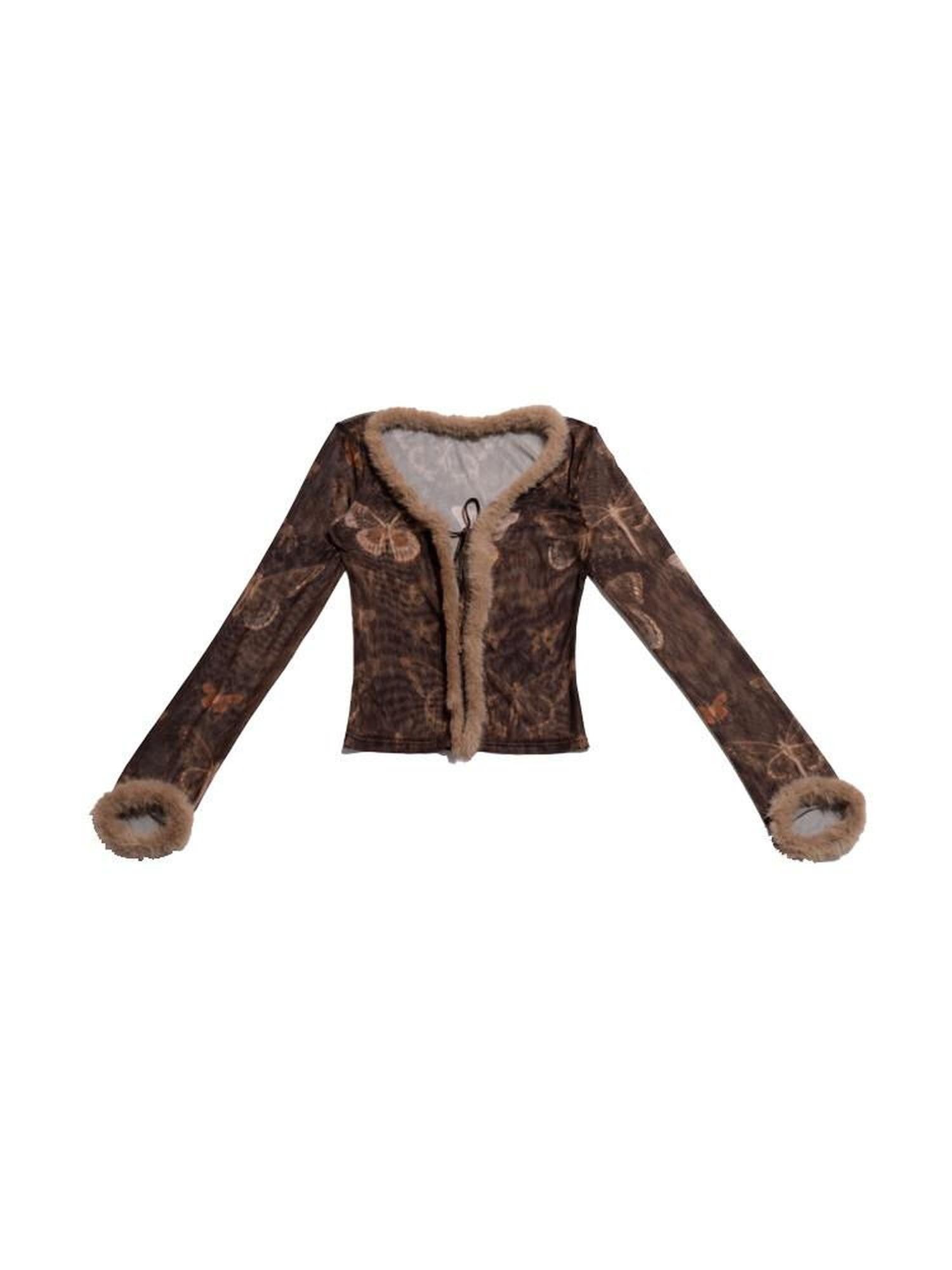NextPassport MOF Brown Butterfly Mesh Eyelash Trim Tie Waist Women's Polyester Cardigans