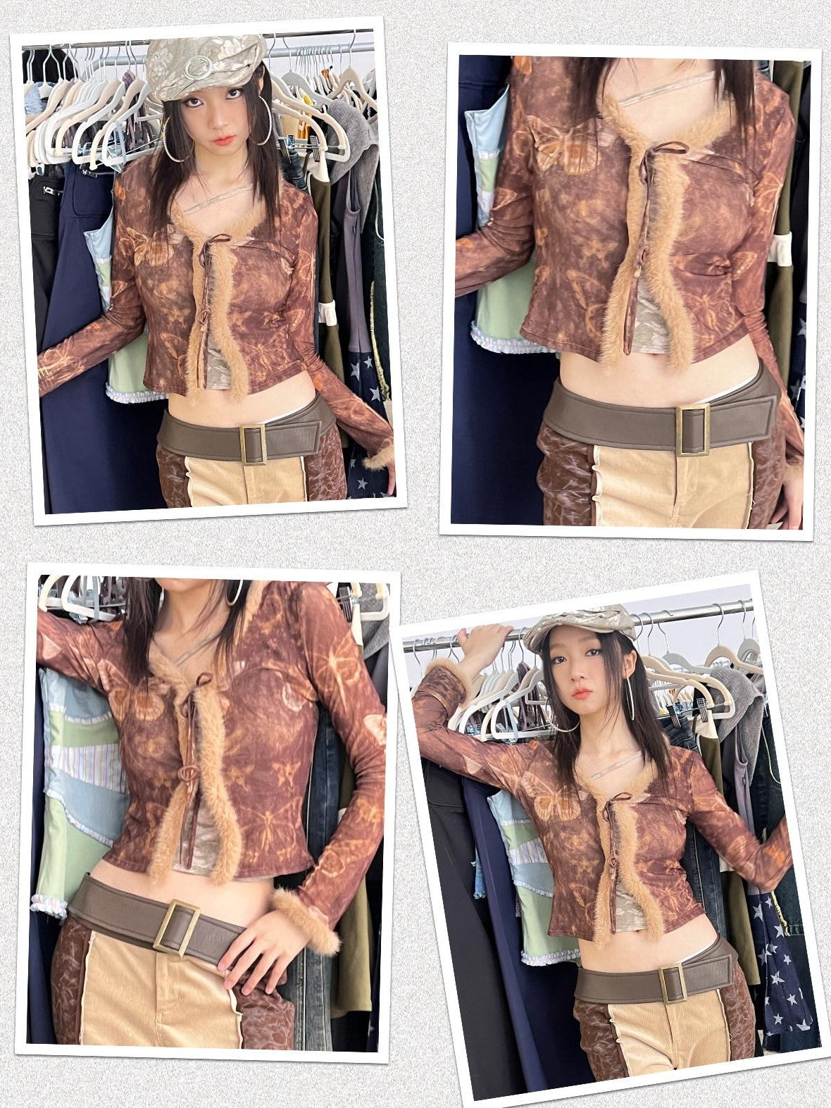 NextPassport MOF Brown Butterfly Mesh Eyelash Trim Tie Waist Women's Polyester Cardigans