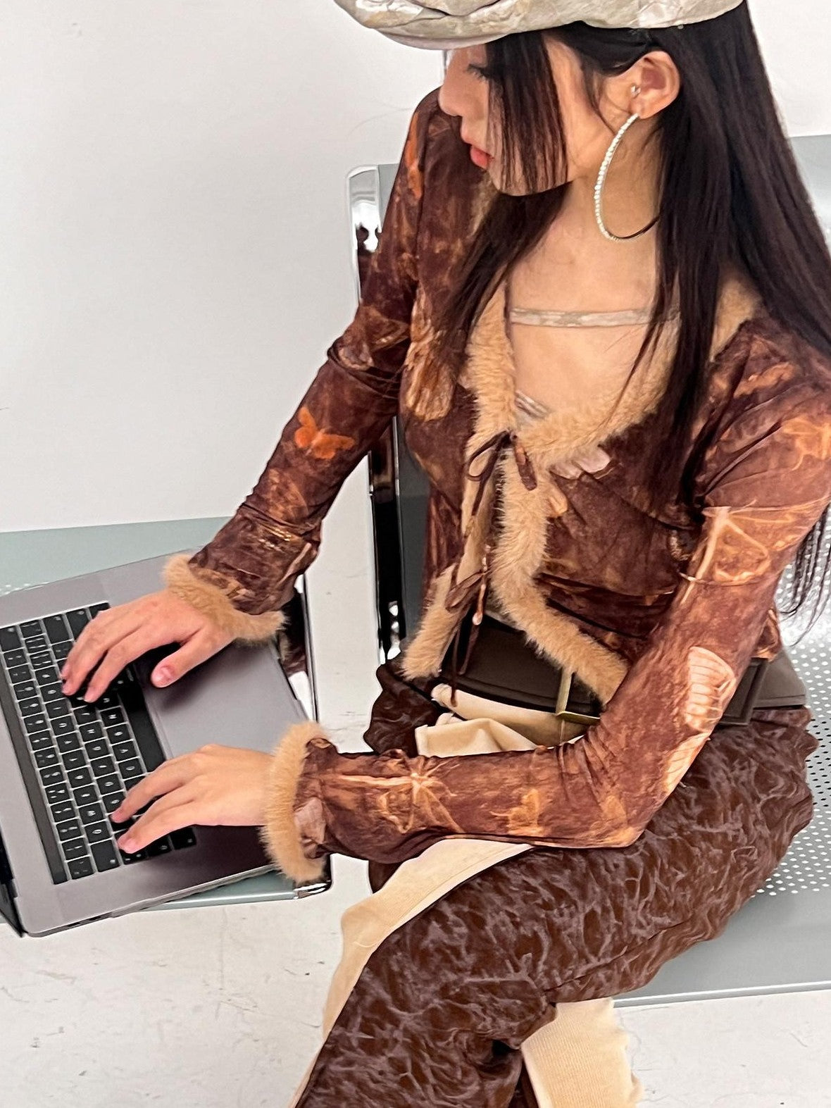 NextPassport MOF Brown Butterfly Mesh Eyelash Trim Tie Waist Women's Polyester Cardigans