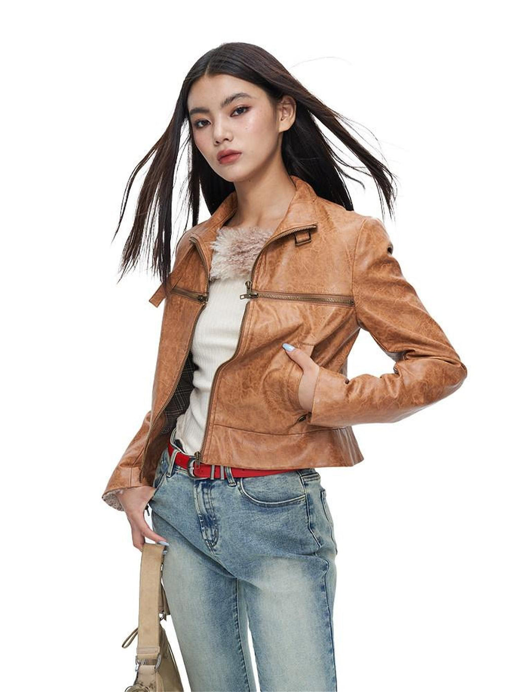 NextPassport MOF Brown Cross Zipper Cropped Slim Fit Women's Pu Leather Jackets