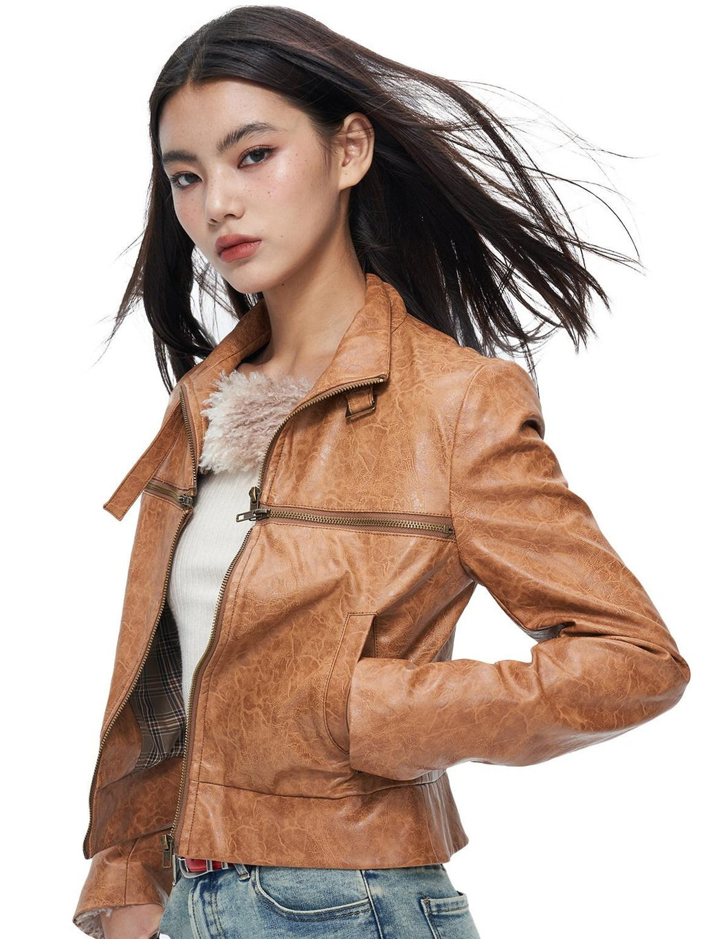 NextPassport MOF Brown Cross Zipper Cropped Slim Fit Women's Pu Leather Jackets