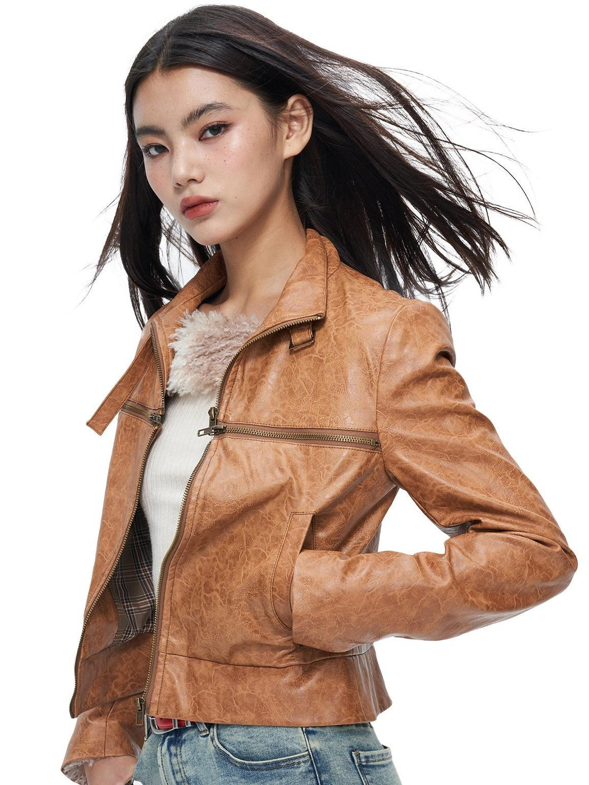 NextPassport MOF Brown Cross Zipper Cropped Slim Fit Women's Pu Leather Jackets