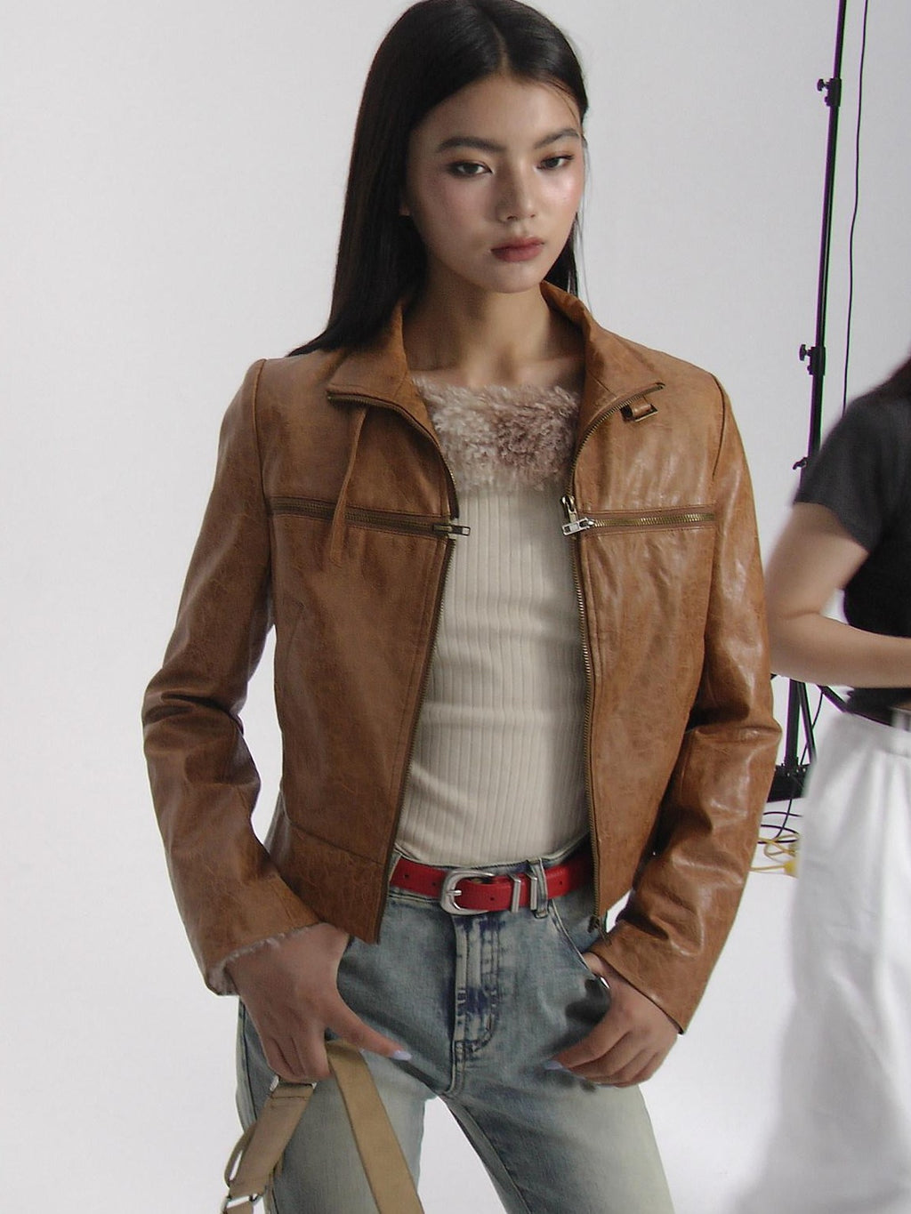 NextPassport MOF Brown Cross Zipper Cropped Slim Fit Women's Pu Leather Jackets