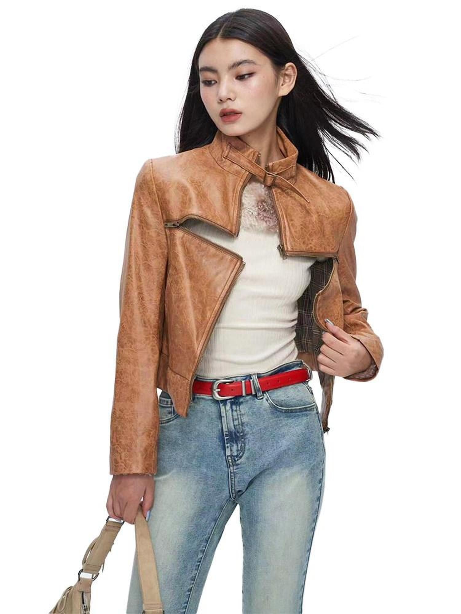 NextPassport MOF Brown Cross Zipper Cropped Slim Fit Women's Pu Leather Jackets